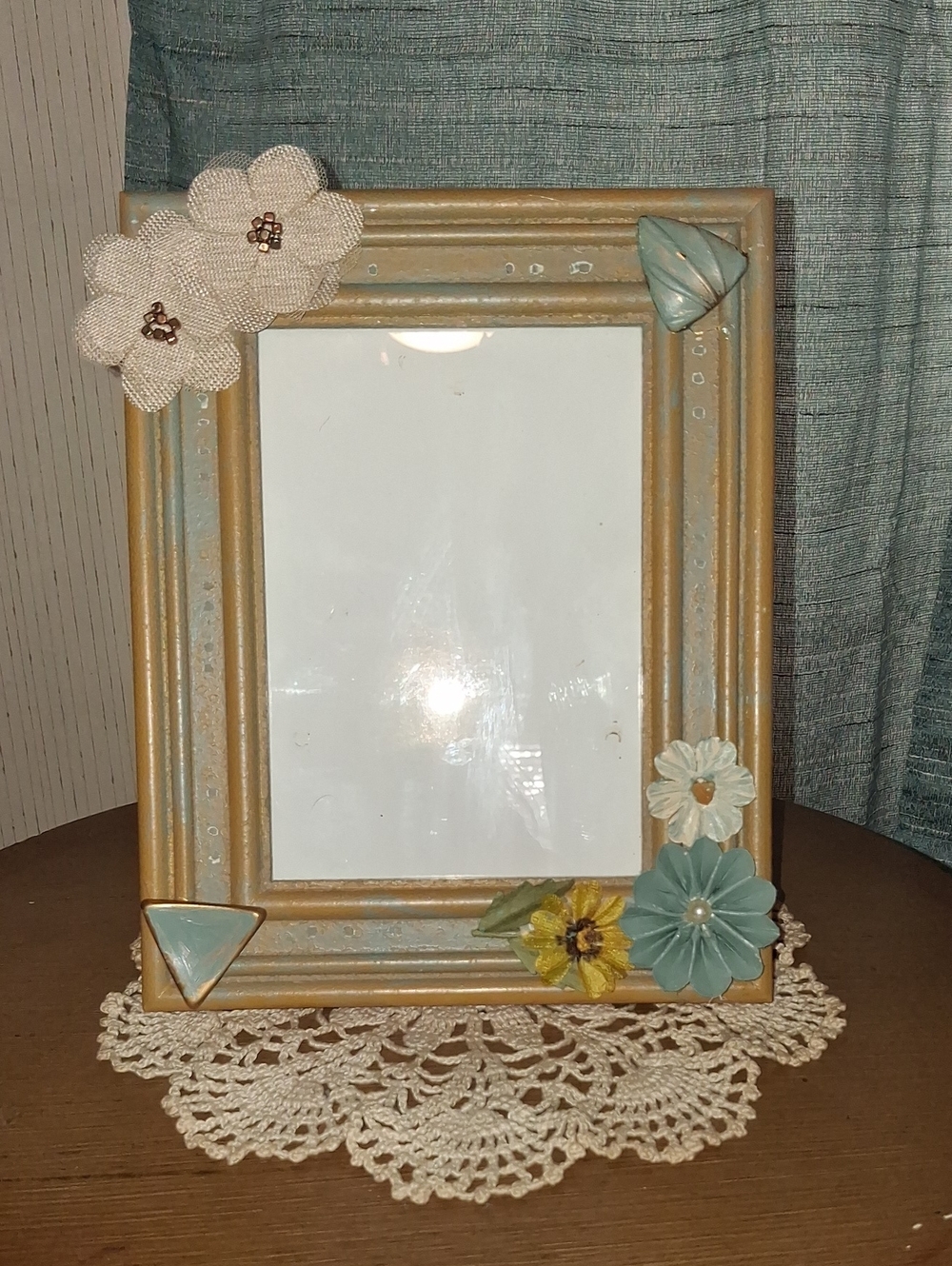 Decorative Gold Picture Frame with Blue and Cream Floral Accents